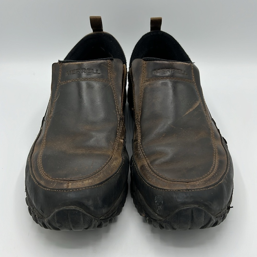 MERRELL SIZE 12 DARK EARTH BROWN SLIP ON LEATHER MOC J39577 - Picture 10 of 13